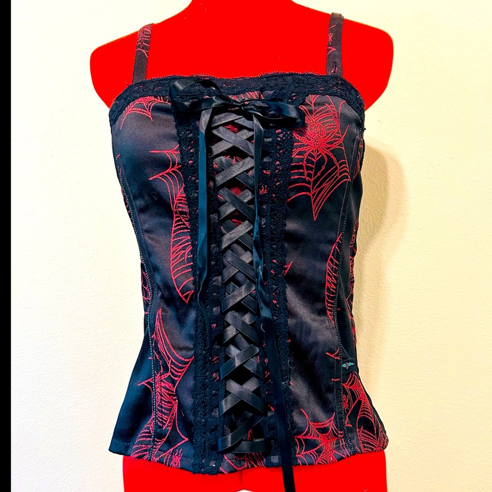 TRIPP Black Satin Corset with Red Spiders and webs and with lace and ties